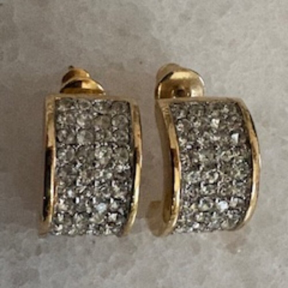 Vintage Givenchy Paris-New York earrings-Clear rhinestones-Gold tone